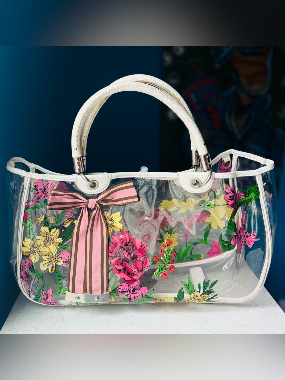 Vintage Y2K Clear Floral Polyvinyl Tote with Leather Handles by Laundry Shelli S